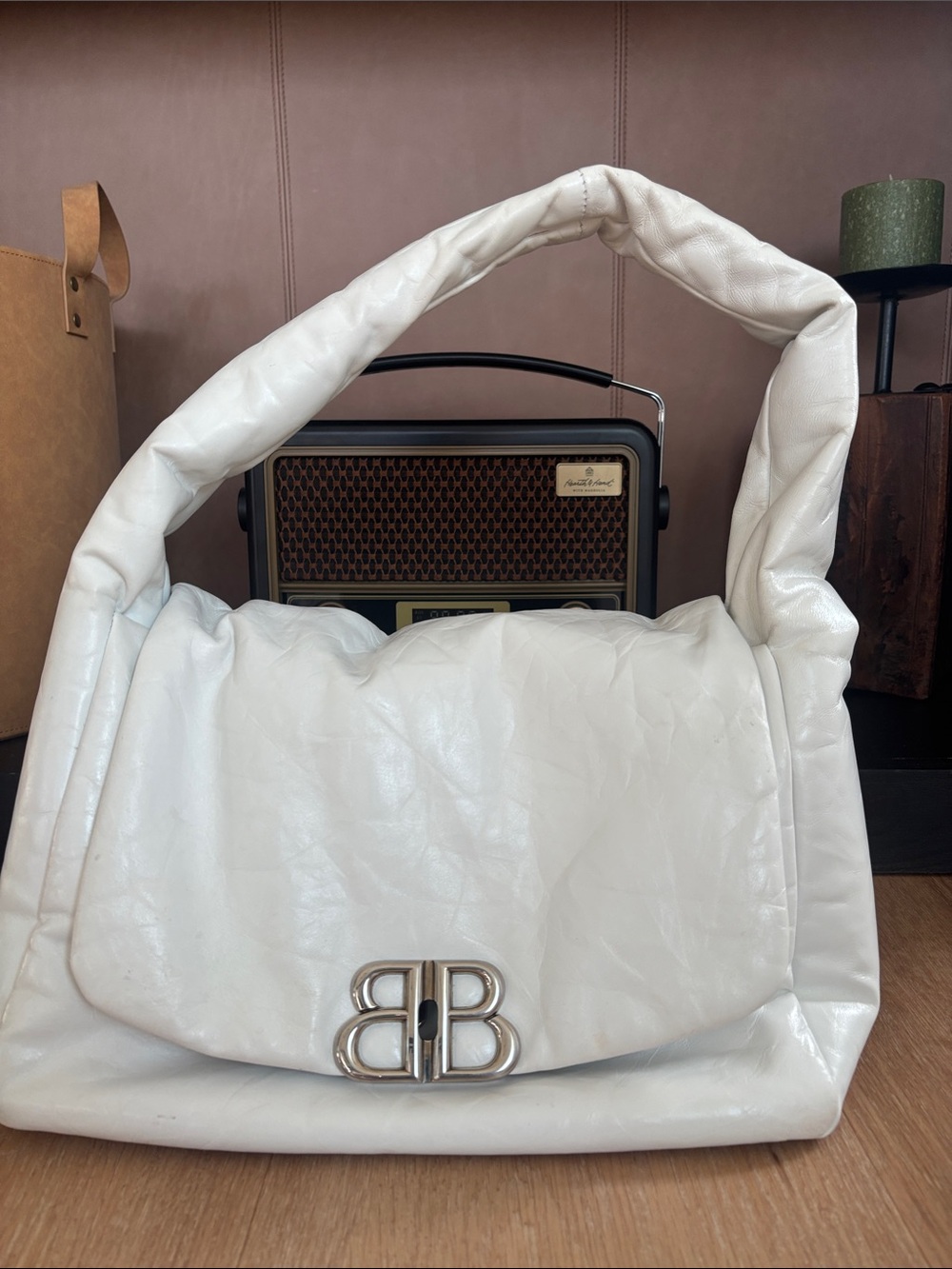 Balenciaga White Padded Handle Shoulder Bag with BB Logo